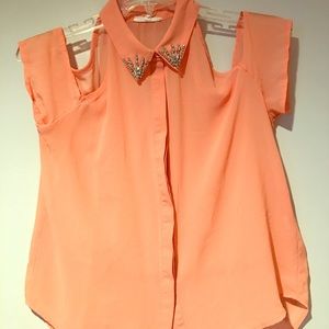 Sheer cut out shoulder jeweled lapel blouse